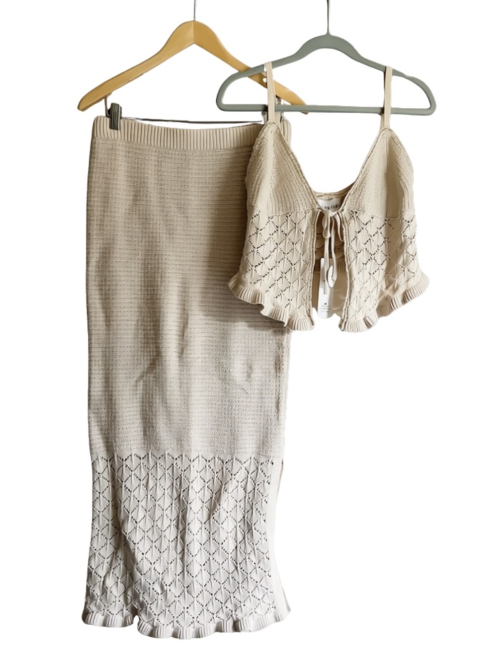Olive & Oak Cream Crochet Knit Maxi Skirt and Crop Top Set NWT